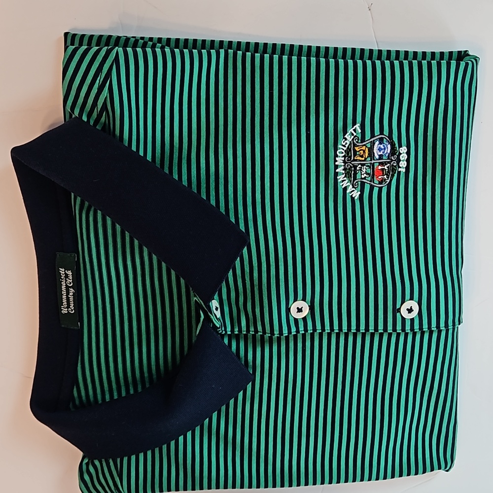 Men's Green Blue Stripes Short Sleeves Wannamoisett Country Club Golf Polo XL